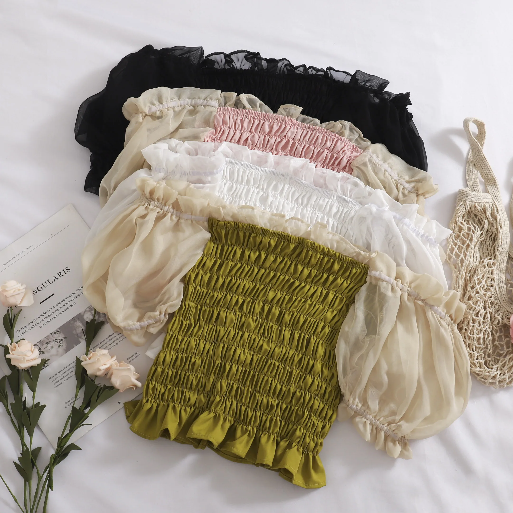 

Women Summer Slash Neck Puff Sleeve Off Shoulder Basic Ruffles Shirt Vintage Short Elastic Slim High Waist Pullover Blouse Tops