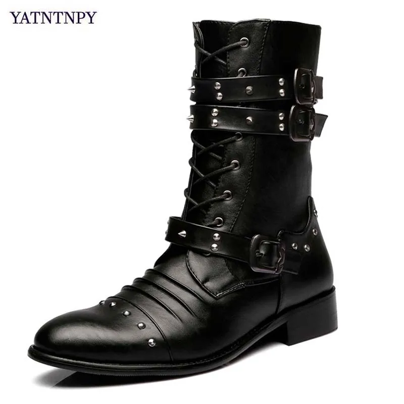 

YATNTNPY New arrival Men for Martin Boots Fashion locomotive High Boots Winter fur shoes Black PU Leather boots Man bota shoes