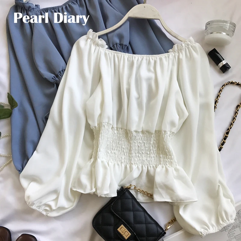 

Pearl Diary Women Chiffon Blouse Summer Solid 7 Colors Slash Neck Lantern Sleeve Sexy Ruffles Off Shoulder
