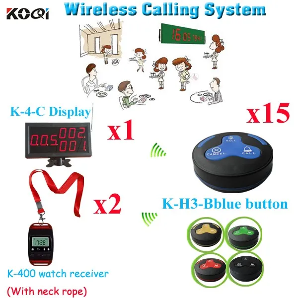 K-4-c+K-400+K-H3-bblue 1+2+15 Wireless Waiter Call System Customize Restaurant Equipment(1pcs display with 2pcs watch & 15pcs call button)