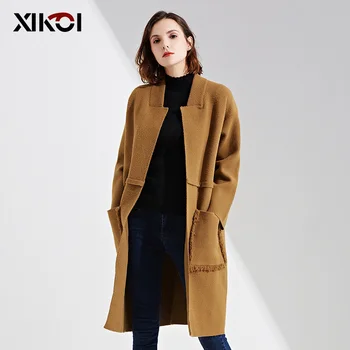 

New Women Cardigan Sweaters Poncho knitted Ladies Long Sweater Pocket Solid Woman Thick Open Stitch Sweater
