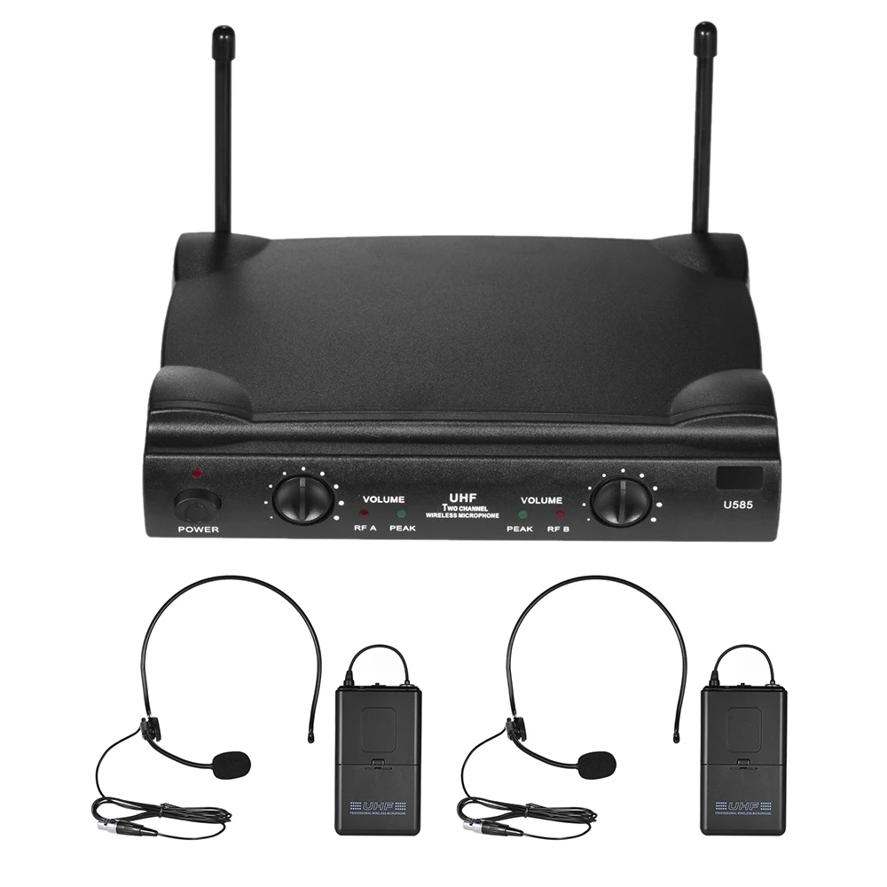 UHF Dual Channels Wireless Microphone Mic System with 2 Bodypack Transmitter 2 Headset