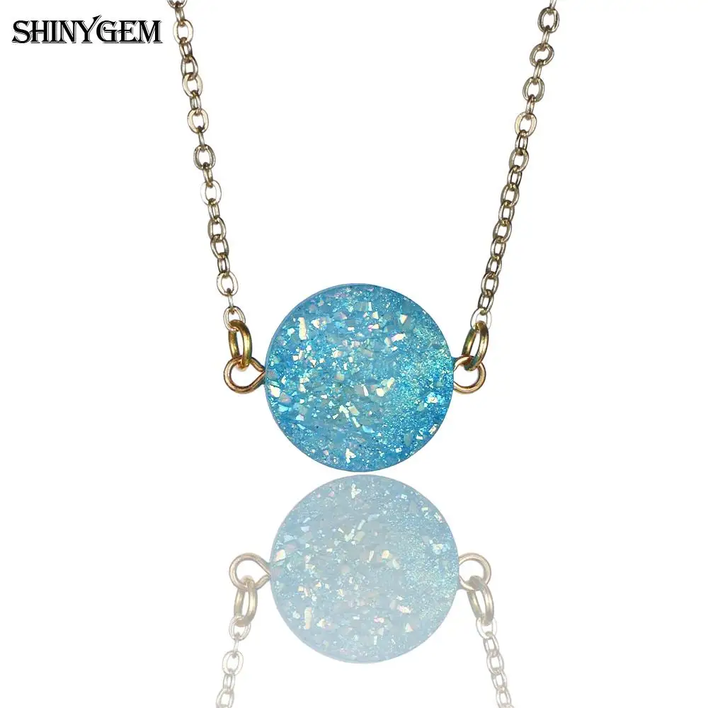 

ShinyGem Lucky Druzy Beads Pendant Necklaces Gold Chain Natural Gem Stone Necklace Smooth Flat Round Crystal Necklaces For Women