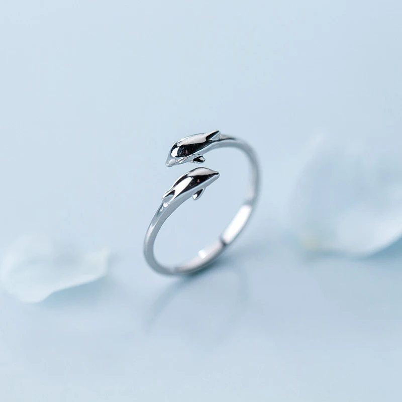 

MloveAcc Original Real 925 Sterling Silver Double Dolphins Cute Rings for Women Party Silver Jewelry Gift