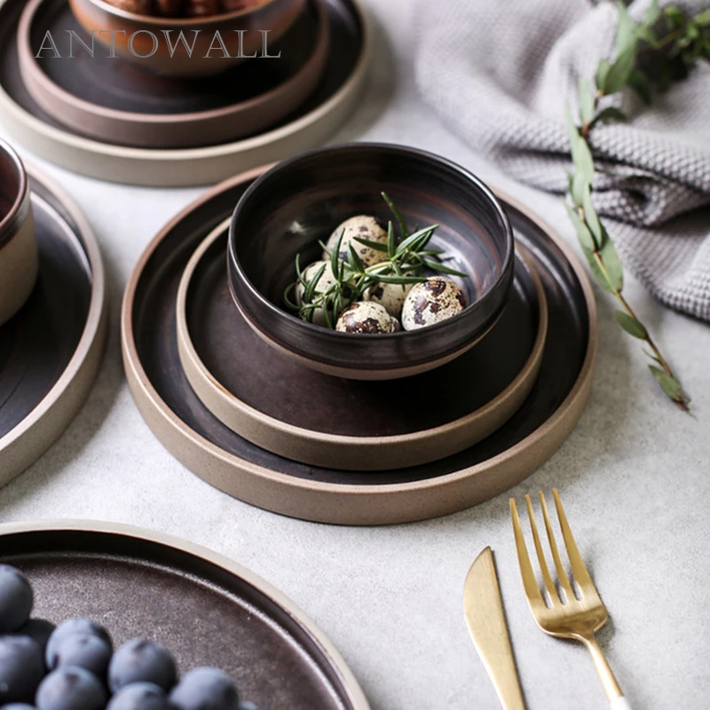 

ANTOWALL European Style Brown Ceramic Flat Tray Dinner Plate Retro Rice Soup Bowl Round Plate Dish Mug