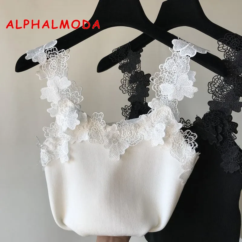 Женский кружевной топ ALPHALMODA трикотажный на бретелях с цветочной вышивкой лето