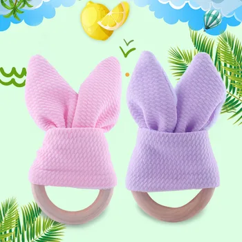 

Newest Rabbit Nylon Teethers for Baby Nursing Chew Safe Organic Wood Teething Ring Baby Boy Girl Shower Gift