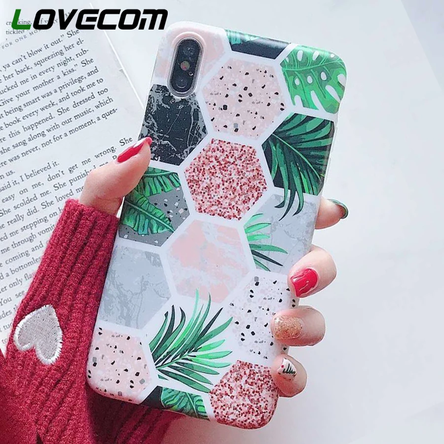 

LOVECOM Hexagonal Geometry Marble Leaves IMD Soft Phone Case For iPhone X 6 6S 7 8 PLUS XS MAX XR Splice Matte Back Cover Case