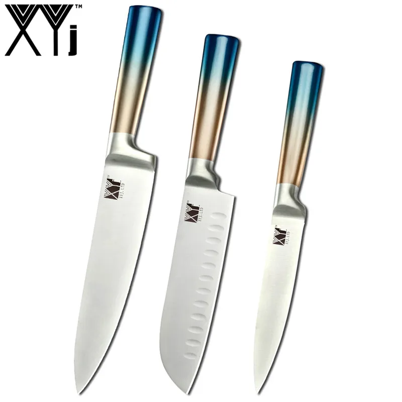 XYj набор кухонных ножей из нержавеющей стали градиентный интегрированный дизайн ручки Ножи Ножницы 8 ''нержавеющая сталь Держатель ножей точилка - Цвет: 3pcs set