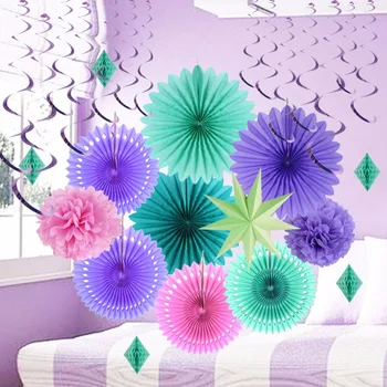 

Mermaid party decorations 15pcs Pom poms flower Honeycomb balls Hanging Swirl For Purple theme wedding birthday party decoration