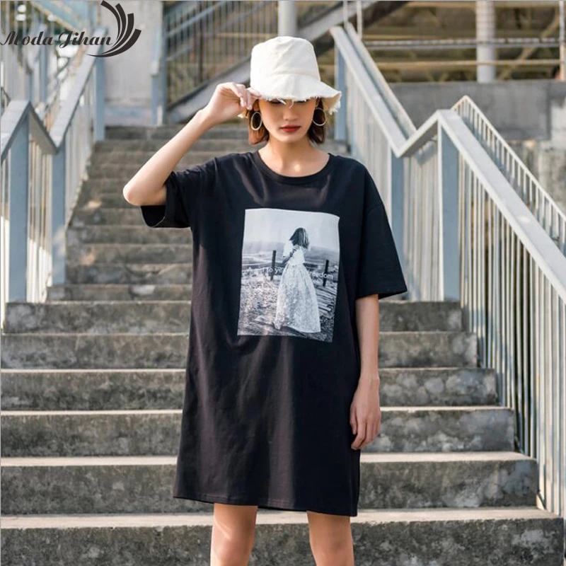 Moda jihan новые женские длинные футболки хлопковые футболки с коротким рукавом женские шикарные повседневные топы с принтом Новинка летние крутые футболки уличные