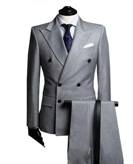 

Double-Breasted Side Vent Light Grey Groom Tuxedos Peak Lapel Groomsmen Mens Wedding Tuxedos Prom Suits ( jacket+Pants+tie)