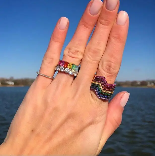 Модный набор колец edding, ювелирные изделия, радужные квадратные обручальные кольца для женщин с цветным кубическим цирконием cz, кольцо для вечности