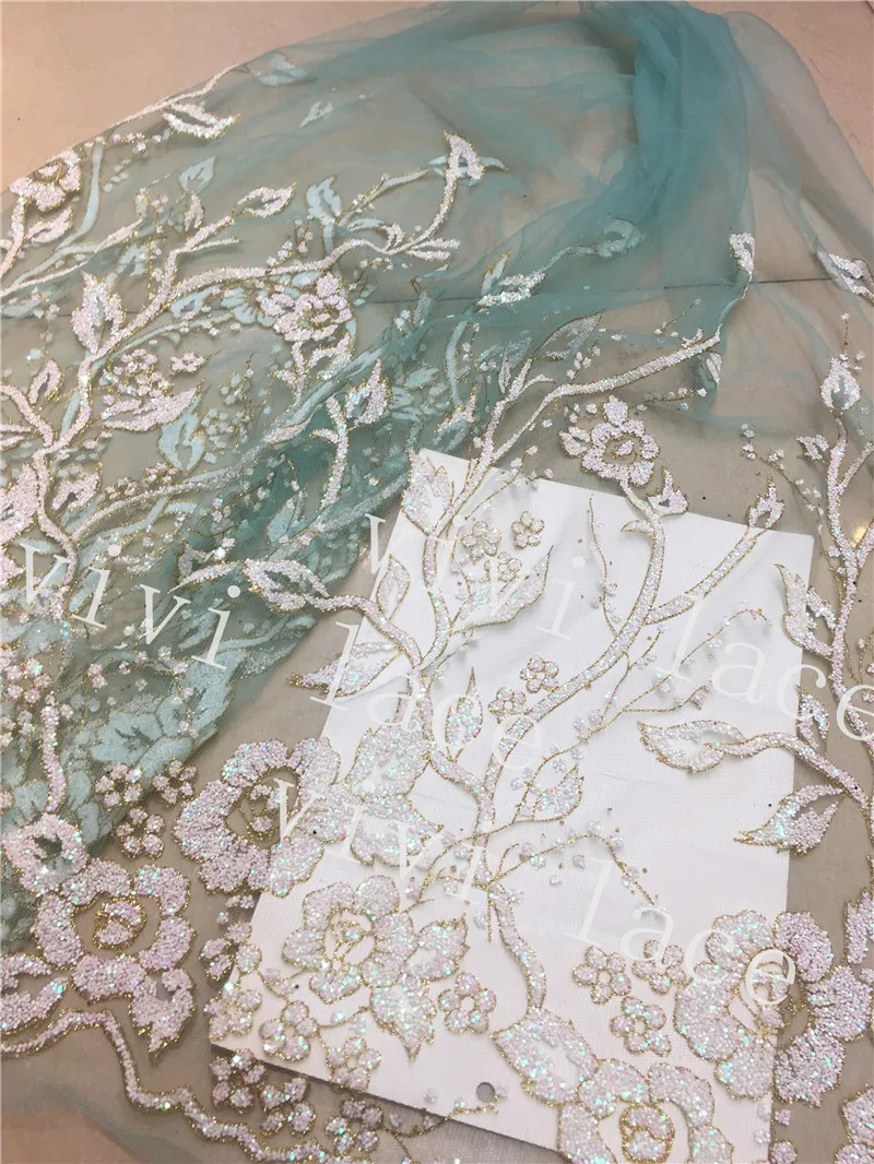 

D488 # 5yards mint green cream white floral glued print glitter net tulle mesh lace fabric for sawing / evening dress/stage