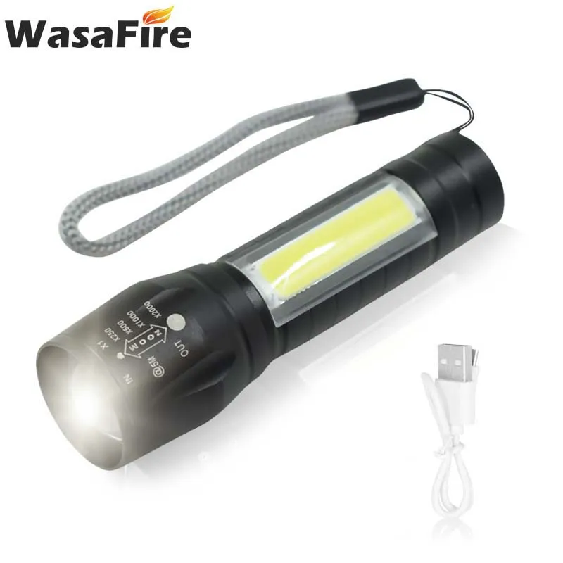 Мини-фонарик Wasafire Q5 и Cob Led Zoom алюминиевый 3 режима, перезаряжаемый фонарь, встроенный аккумулятор для кемпинга, охоты