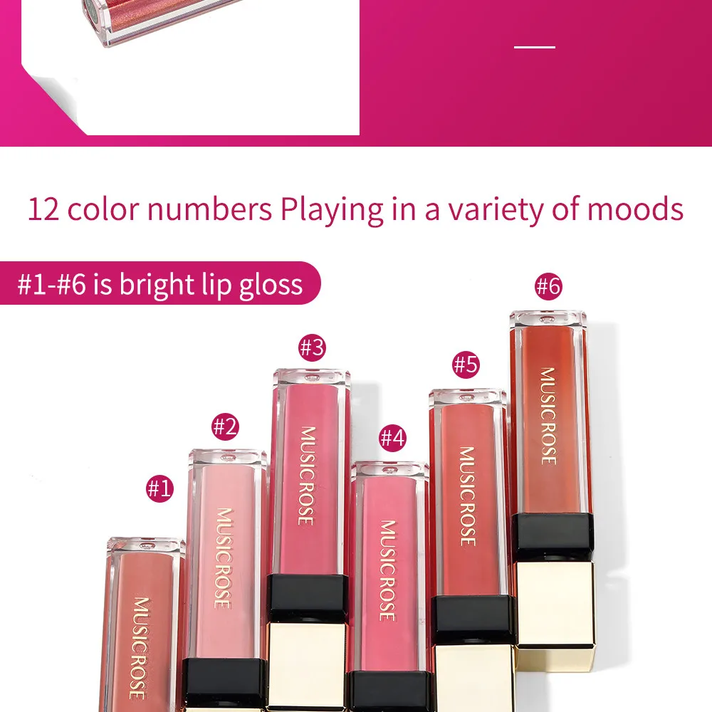 MUSIC ROSE lip gloss Popular Square Tube 12 Color Bright Metal Lip Gloss Non-Stick Cup Glaze liquid lipstick labial matte | Красота и