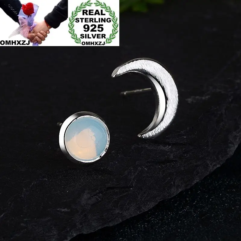 

OMHXZJ Wholesale European Fashion Woman Girl Party Wedding Gift Moon Star Moonstone 925 Sterling Silver Stud Earrings EA118