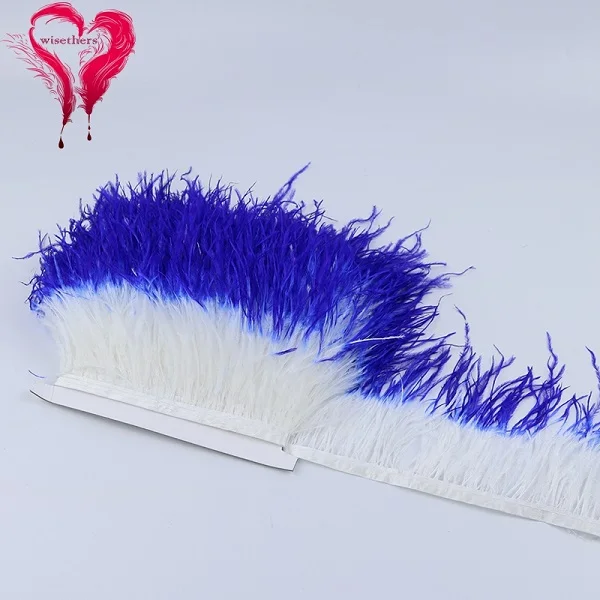 1 метр Ширина 10-15 см Необычные пушистые окрашенные двухцветные натуральные страусиные перья боковая лента бахрома отделка одежды шитье украшения - Цвет: White and Royal Blue