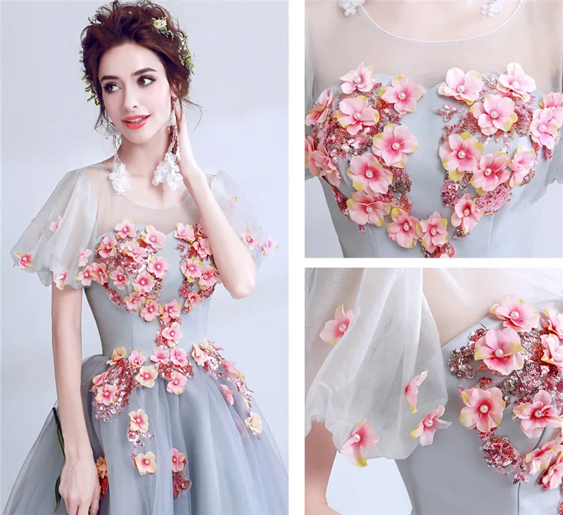 A-line Short Sleeve Tulle 3D Flowers Appliques Pearls Long Elegant Evening Dresses Bride Banquet Party Prom Dress XK55 A-line Short Sleeve Tulle 3D Flowers Appliques Pearls Long Elegant Evening Dresses Bride Banquet Party Prom Dress XK55