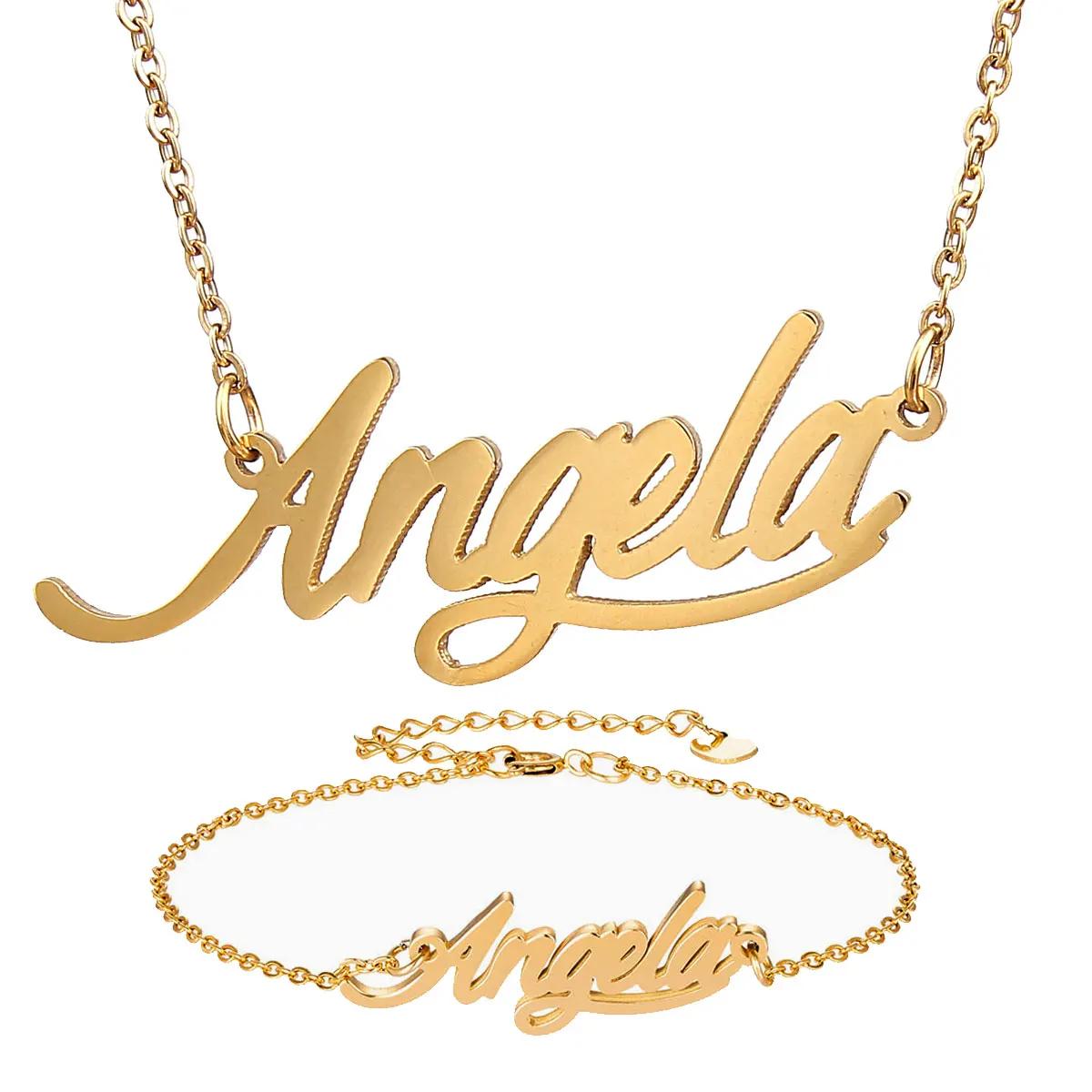 

Fashion Stainless Steel Name Necklace + Bracelet Set " Angela " Script Letter Gold Choker Chain Necklace Pendant Nameplate Gift