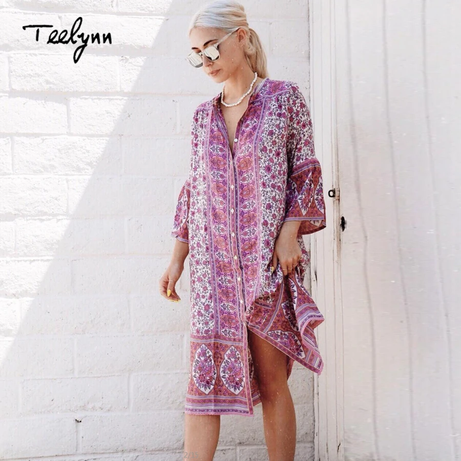 

TEELYNN Boho dress for women spring rayon Violet floral print o-neck dresses loose Casual Gypsy long women dress Bohemia vestido