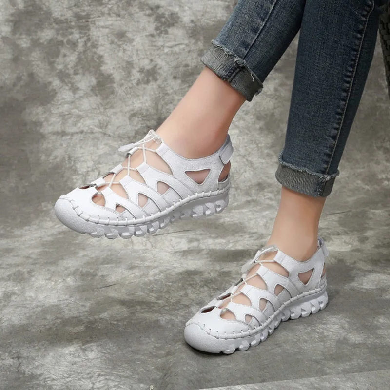 

Handmade Real Leather Summer Shoes Women Sandals High Quality Soft Comfortable Mesh Breathable Lesiure Sport Beach Sandals Lady