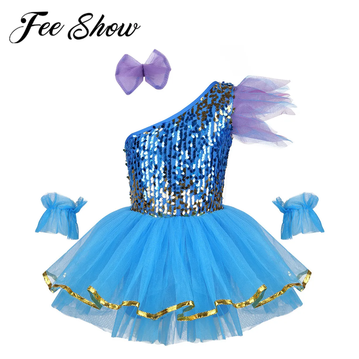

Kids Girls Modern Jazz Dance Wear Shiny Sequins Mesh Tutu Dance Dress & Shorts Contemporary Stage Performance Costume Clothing