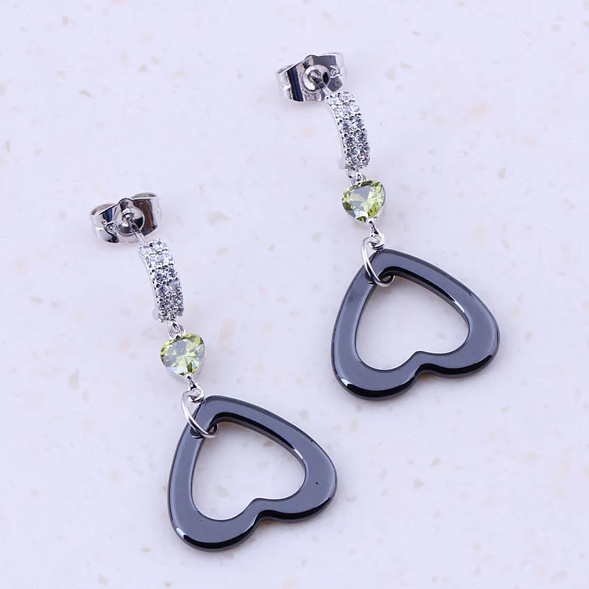 Lovely Heart Black Ceramic &amp Green Created Emeridot Silver Color Drop Dangle Earrings For Women Trendy Jewelry B0069 | Украшения и