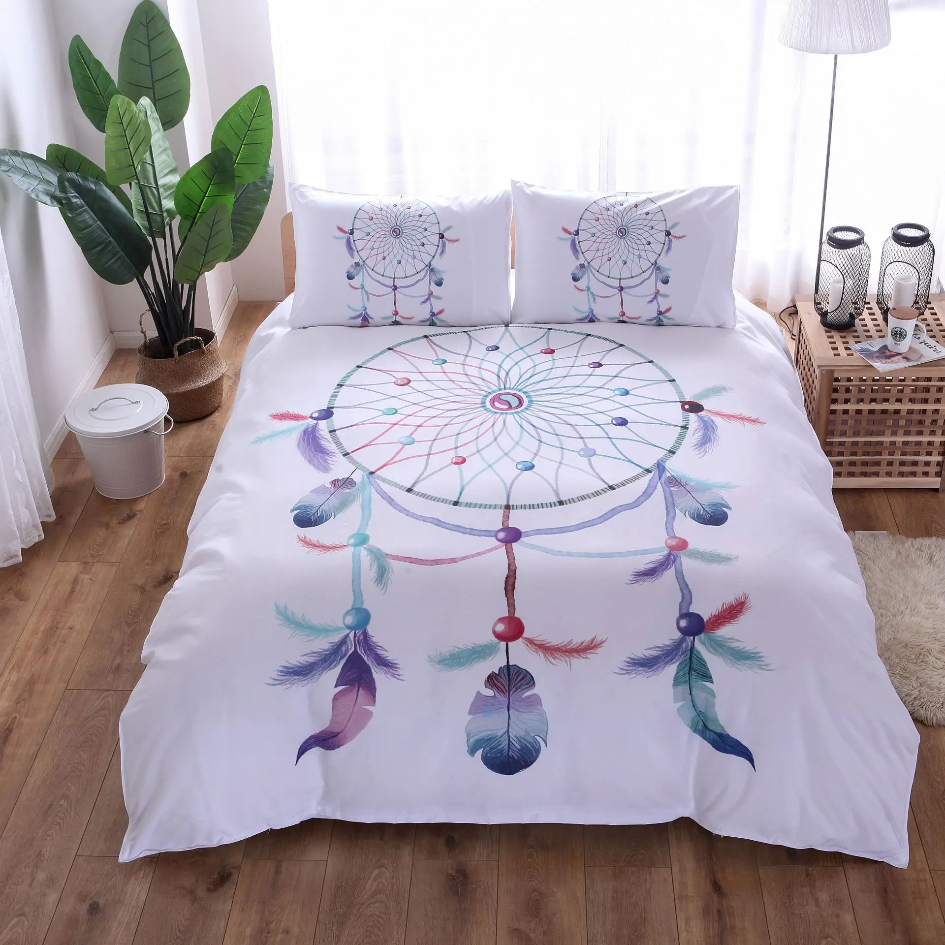 Watercolor Dreamcatcher Bedding Set Queen Size Pink Quilt Cover With Pillowcases 
