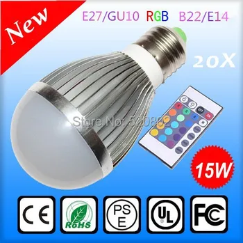 

20X Free shipping E27/ GU10 / E14 / B22 RGB LED BULB 15W led Bulb Lamp with Remote Control multiple colour led lighting