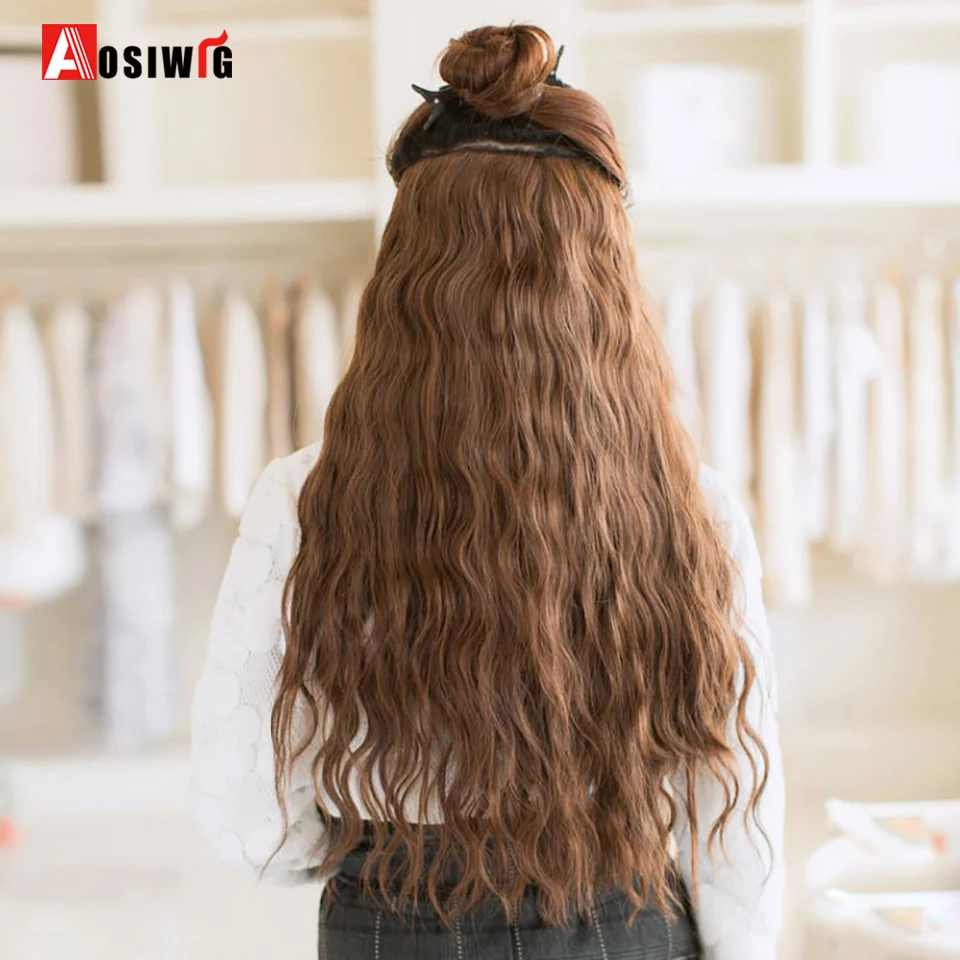 

Long Curly Black Brown 5 Clip In Hair Extensions Natural Synthetic Heat Resistant Fake Hairpieces False Hair for Women AOSIWIG