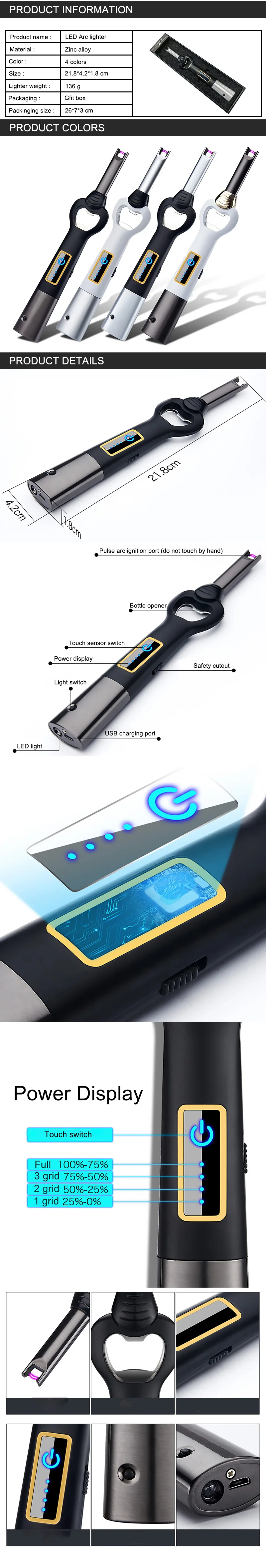 Arc USB Зажигалка 3 в 1 многофункциональная al электронная ветрозащитная газовая зажигалка печь воспламенитель LDE освещение и открывалка для бутылок