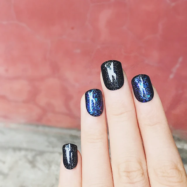 S 235 Coloured Glaze Star Theme Uv Gel False Nails 24pcs Black And S 235 Coloured Glaze Star Theme Uv Gel False Nails 24pcs Black And Blue Hit