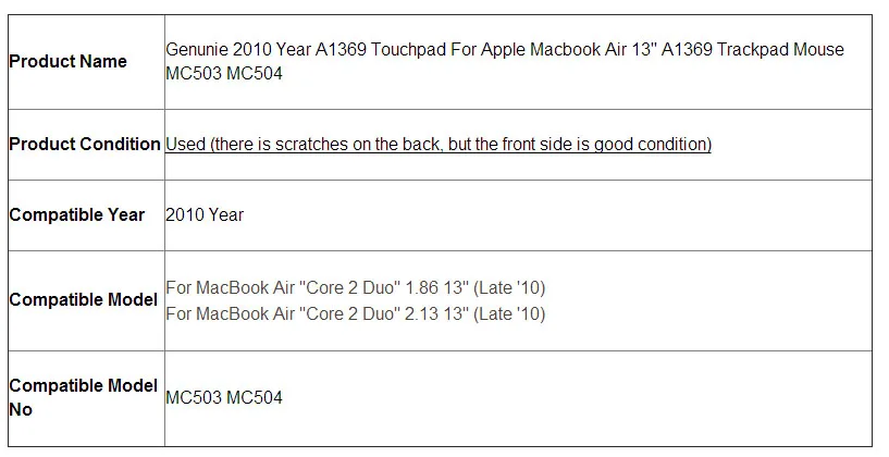 Оригинальный использовать TrackPad Сенсорная панель для Apple MacBook Air 13 "A1369 поздно 2010 Трек Touch Pad 922 год- 9637 EMC 2392 MC503 MC504