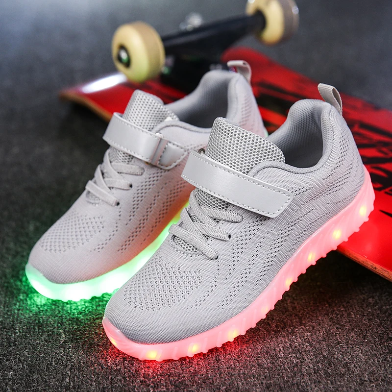 Г. Светодиодный свет, модная обувь для детей, светящаяся шнуровка, USB зарядка, размер 25-37, черные, розовые, синие, серые повседневные кроссовки - Цвет: CY026Agray