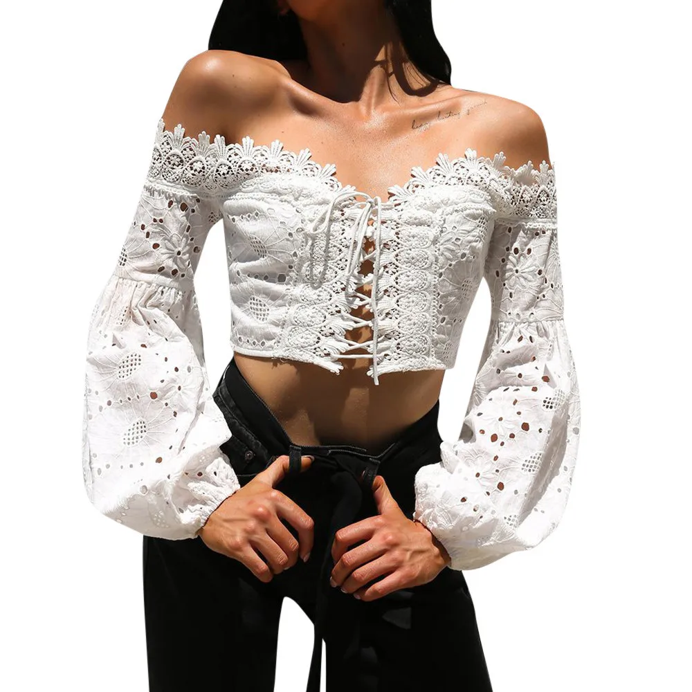 

Women Off Shoulder Lace Blouses Summer Long Sleeve Bandage Crop Tops Shirt Sexy Hollow-out Casual White Black Blouse#5%
