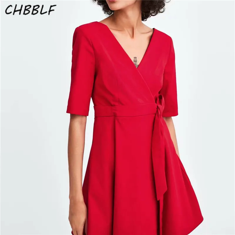 

CHBBLF women cross V neck red wrap dress bow tie sashes short sleeve pleated female casual red mini dresses vestidos BGB8376