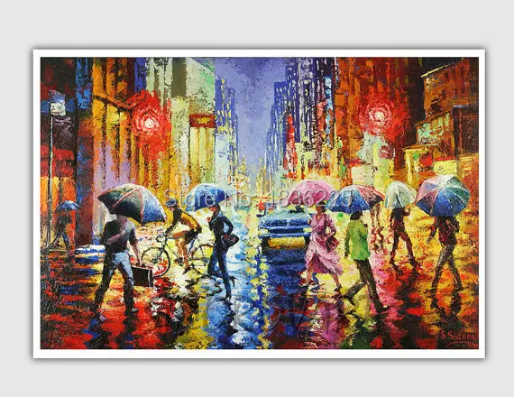 

canvas painting people hold umbrella on street landscape knife oil painting wall sticker for home wall pictures for living room