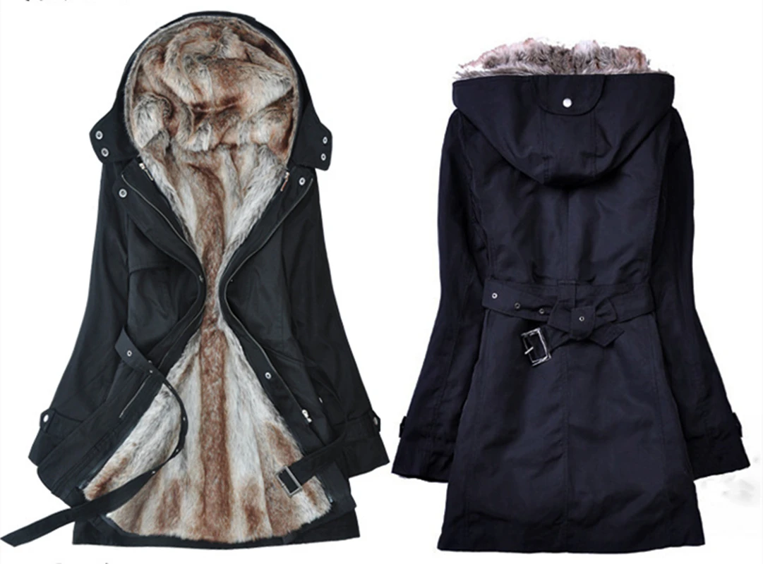 FUR COAT Winter Jacket Women Clothing Thick Fur Liner Thicker Parkas Cotton Warm Coat Outerwear Hooded Belted Plus 3XL