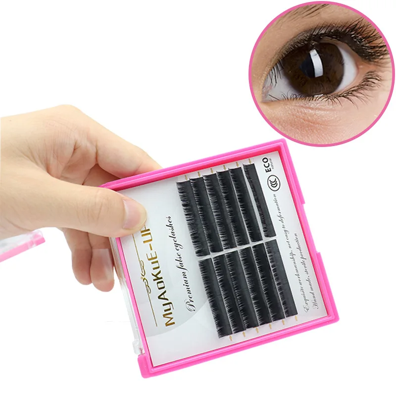 

New soft 12Rows 9-12mm Faux Eyelash Extension Individual Silk Mink Eyelashes Professional Natural 3D Volume Cilia Long Black
