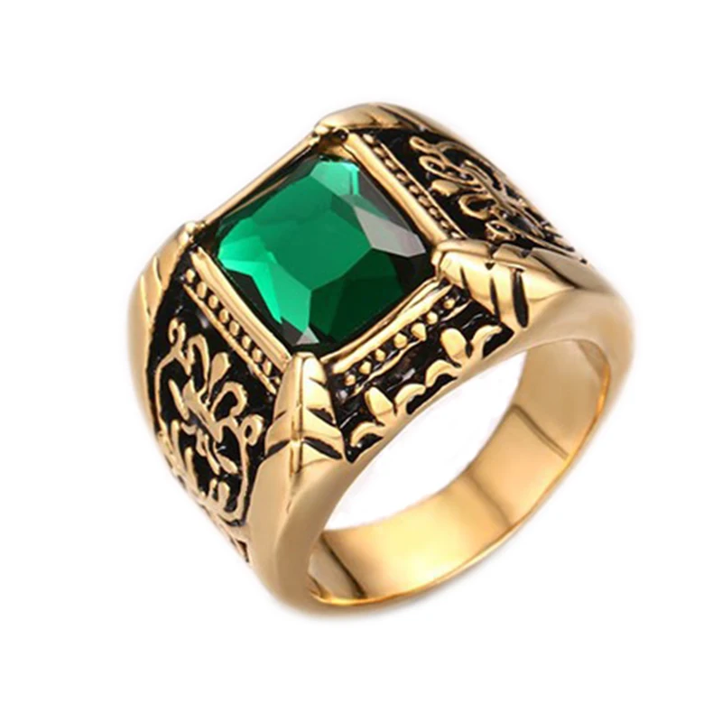 Men Stone Ring Gold Color Stainless Steel Ring Green Red Blue Black ...