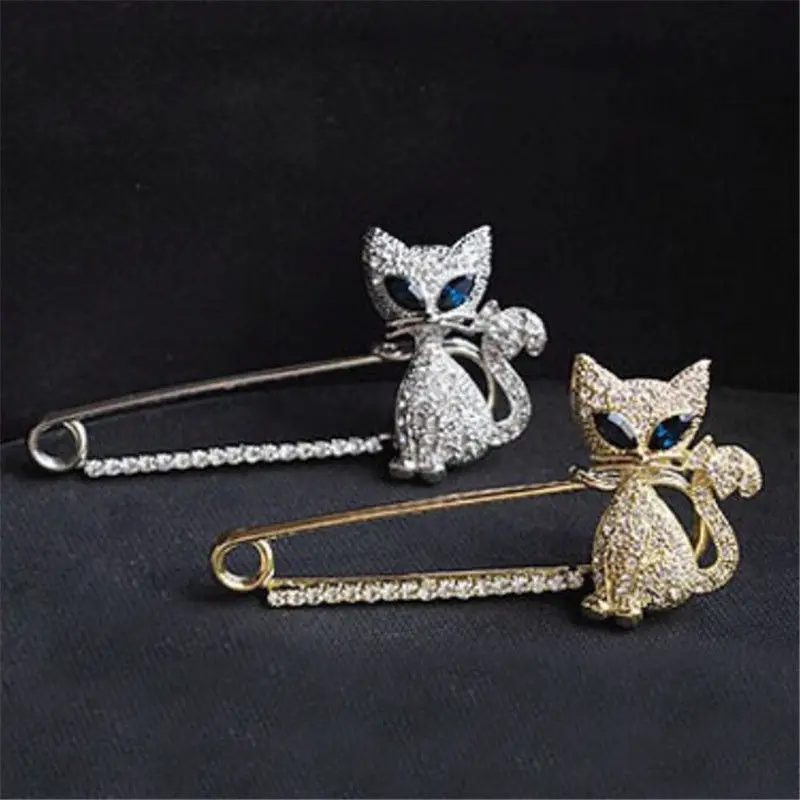 

Fashion Women Girl New Golden Silvery Rhinestone Crystal Green-eyes Cat Brooch Pin Christmas Gift