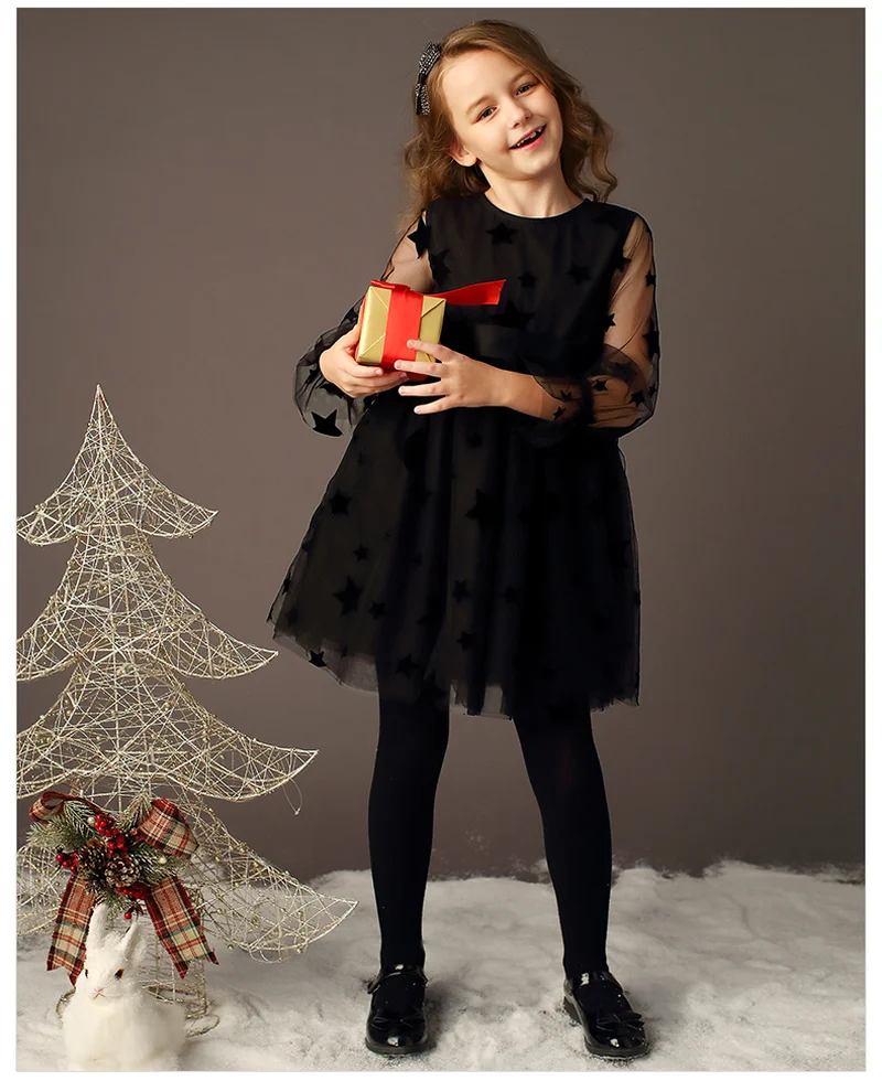 

Girl's black gauze dress Spring and Autumn A character skirt Big Boy long-sleeved children's gauze skirt