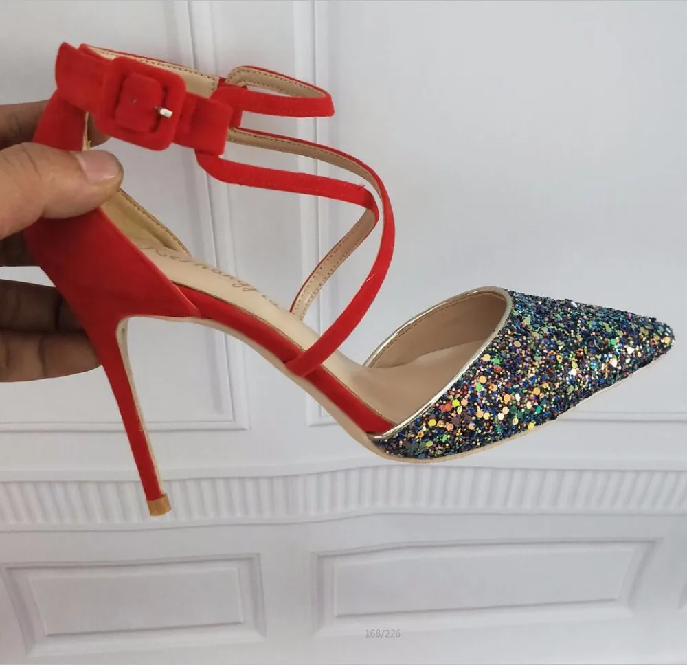 

European And American Style Spring New Red Mosaic Sequins Cross Straps Pointed Fine With High Heels Shallow Shoes