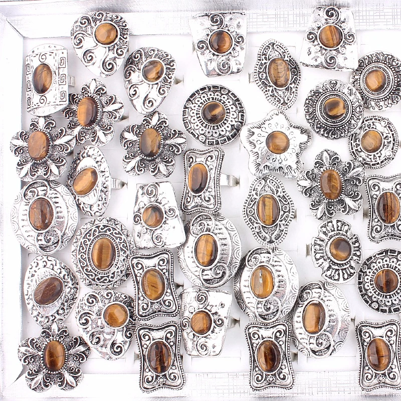 

QianBei Tiger Eye Stones Rings Vintage Boy Oval Ring Adjustable Jewelry Mens Couple Wedding Accessories Free Wholesale 5pcs/set