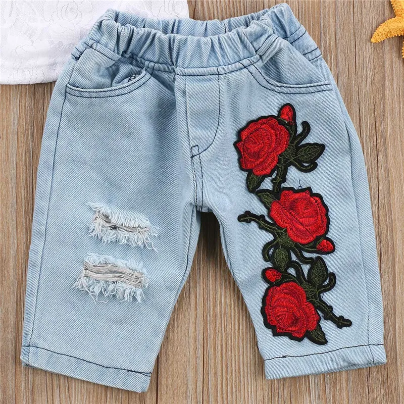 Комплект из 2 предметов, кружевные топы для шт. маленьких девочек, блузка с длинными рукавами + джинсы с рисунком розы, джинсовые штаны