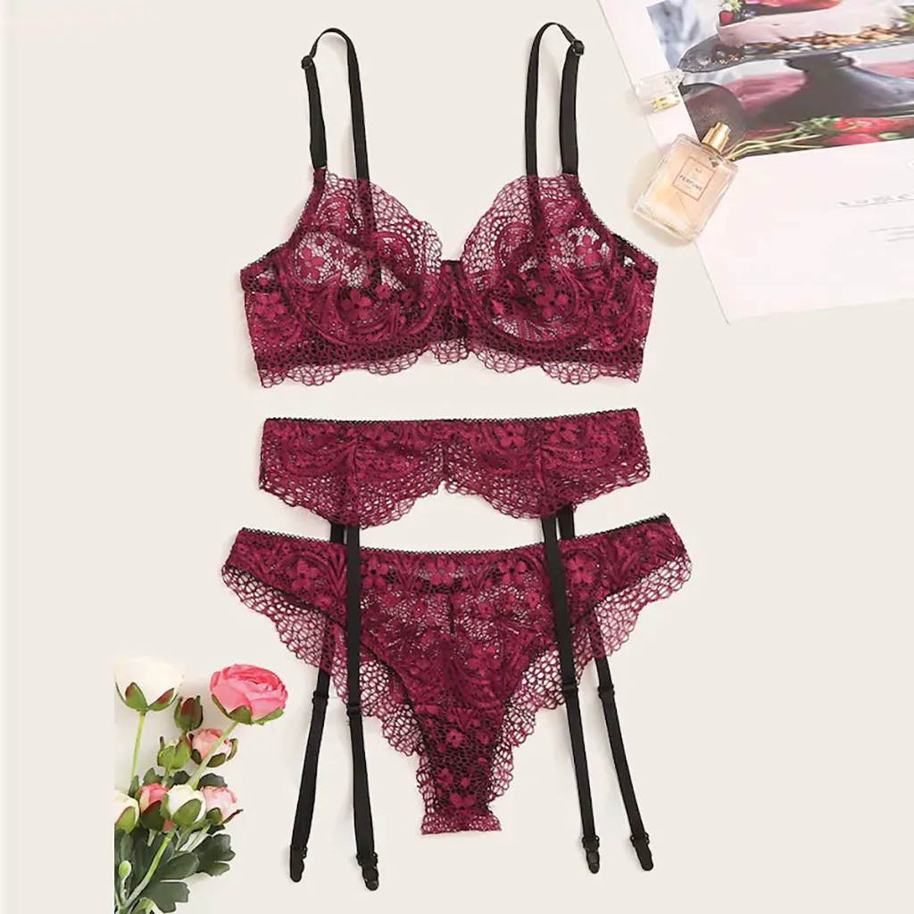 

Women Sexy lingerie Exquisite Lace Lingerie Bra+Garter+Briefs Set Hot Red Babydoll Cut-Out conjunto sujetador y braga mujer 50*