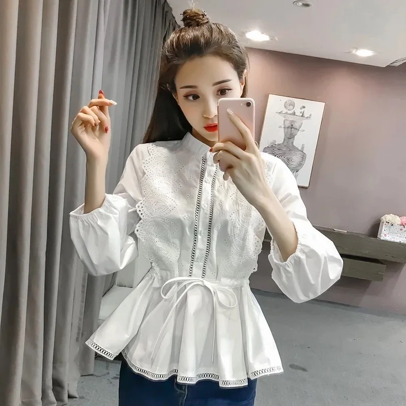 

MingJieBiHuo Fashion new arrival autumn korean vintage cotton shirt OL lady sweet casual solid plaid lantern sleeve slim shirt