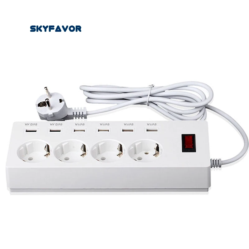 Multi 4 way European Power strip surge protector 6 USB port charging