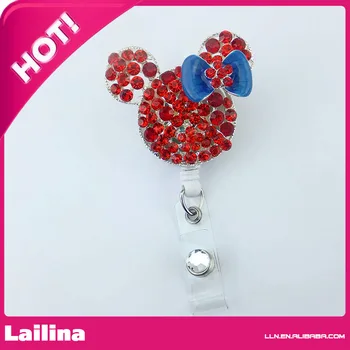 

Red Rhinestone Blue Bow Minnie Mouse Head Retractable White Badge Reel/ID Badge Holder /Pendant/Id Badge Holder